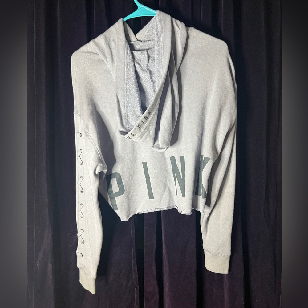 PINK LIGHT GREY BLUE CROPPED HOODIE- Long sleeve